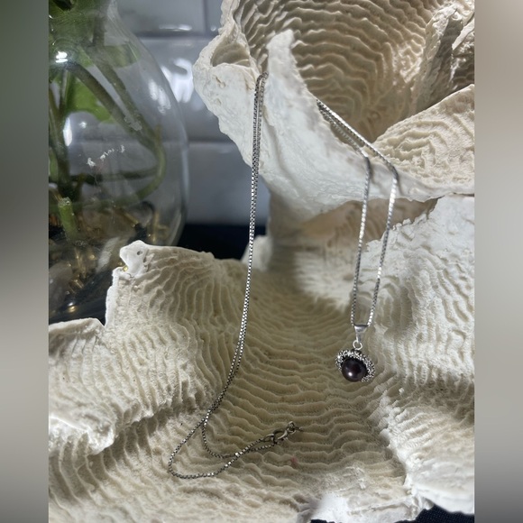 Stunning 925 Italian Sterling Silver Genuine Black Grey Pearl wDiamonds Necklace - Picture 2 of 13